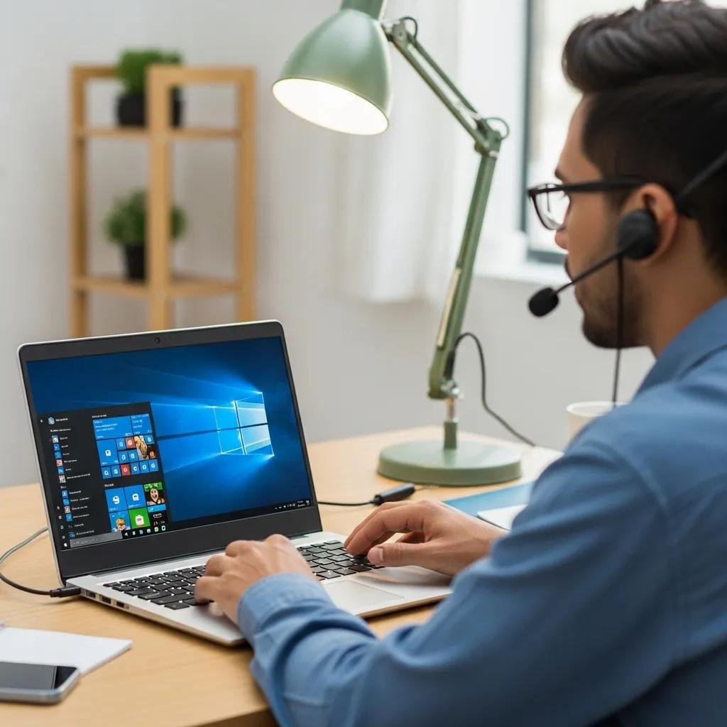 Person troubleshooting a Windows PC remotely with a laptop in a professional workspace