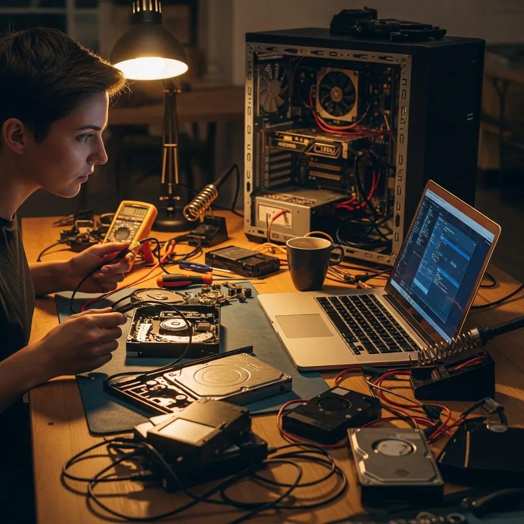 Person troubleshooting an external hard drive with computer components