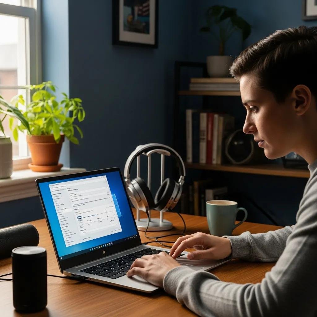 Person troubleshooting audio issues on a Windows laptop in a cozy home office