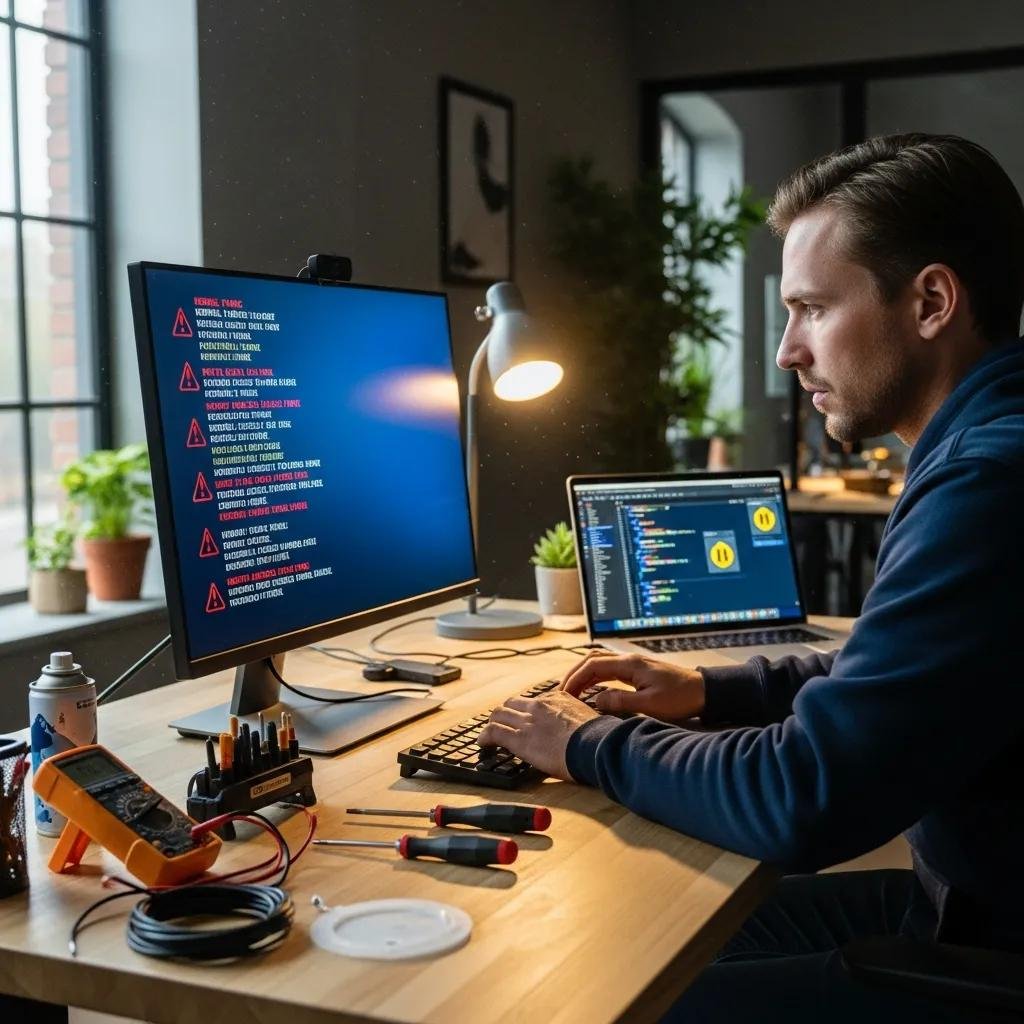 Person troubleshooting computer error codes in a modern workspace