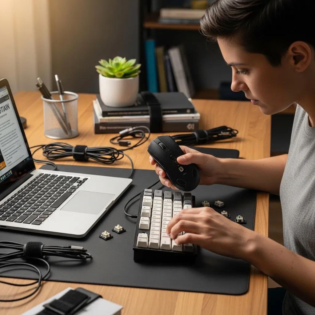 Person troubleshooting computer peripherals including a mouse and keyboard in a modern workspace
