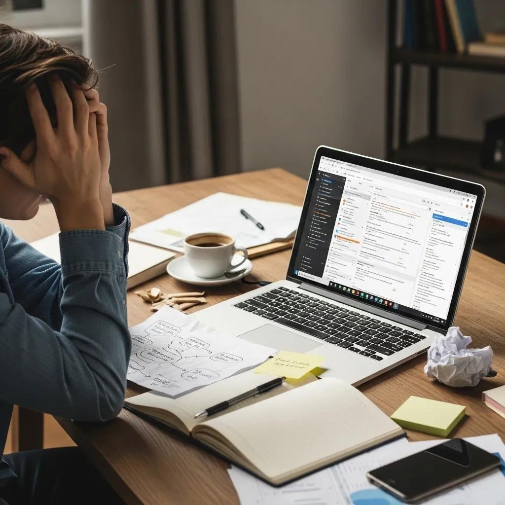 Person troubleshooting email client issues at a desk with a laptop and notepad