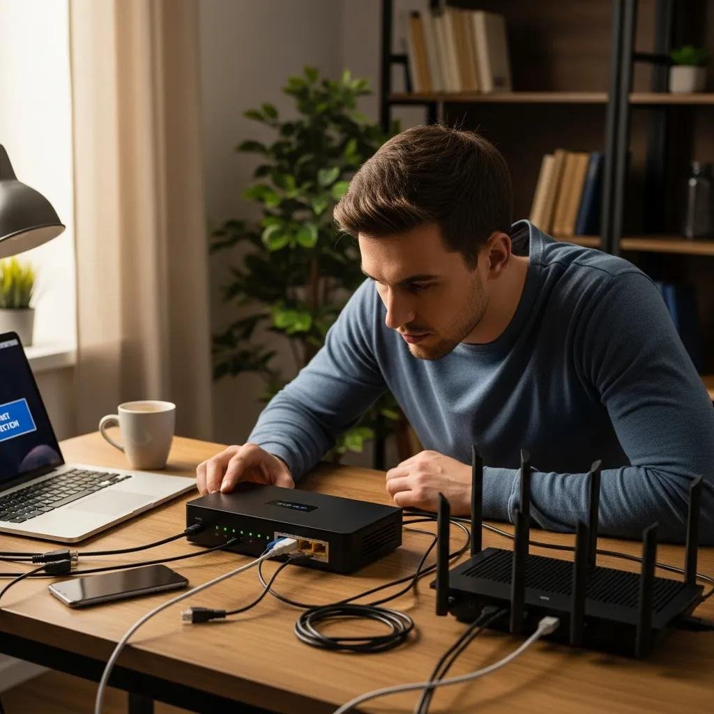 Person troubleshooting internet connection with modem and router in a home office