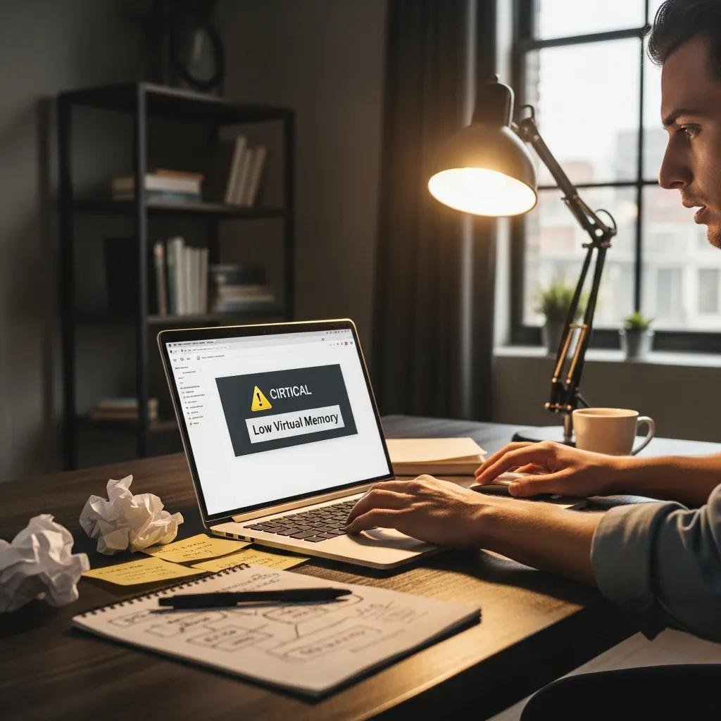 Person troubleshooting low virtual memory errors on a laptop in a modern home office