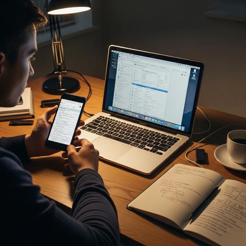 Person troubleshooting MacBook issues with phone support in a modern workspace