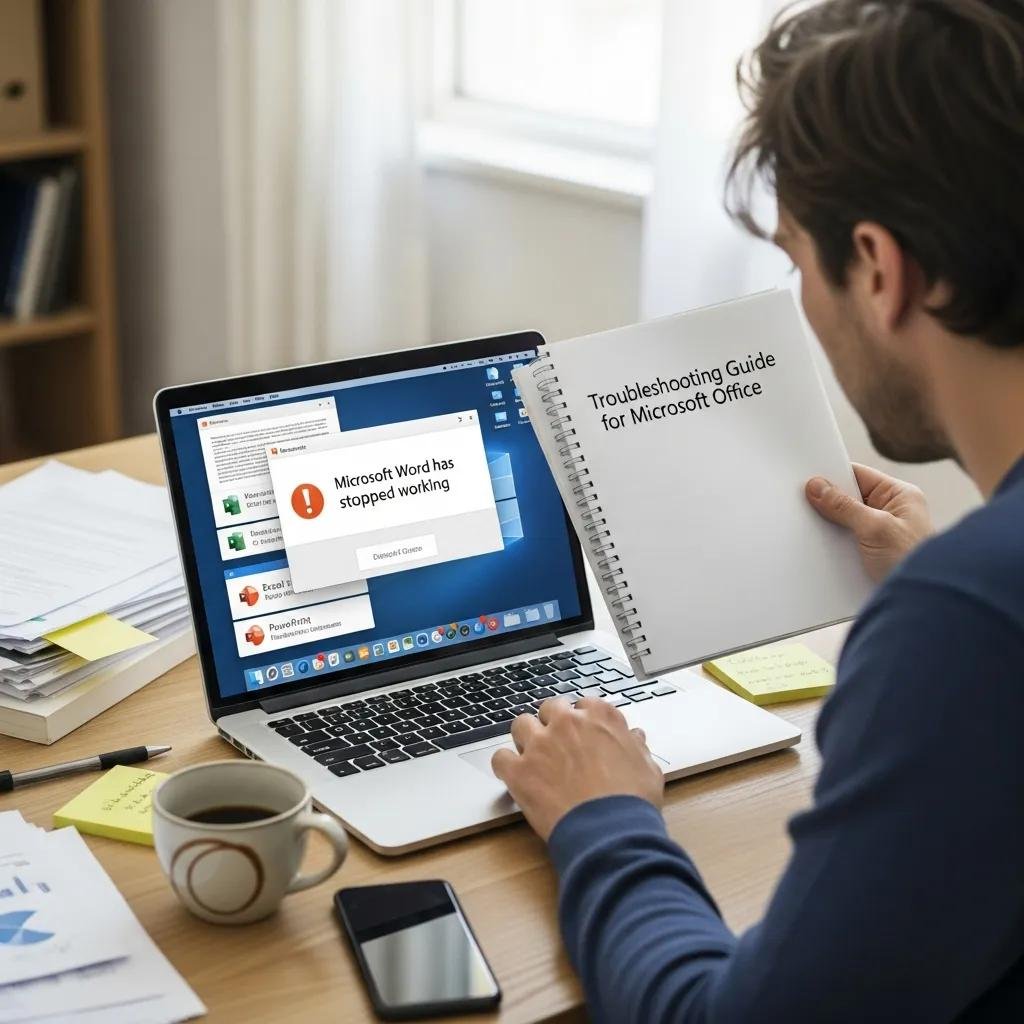 Person troubleshooting Microsoft Office errors at a desk with a laptop and guide