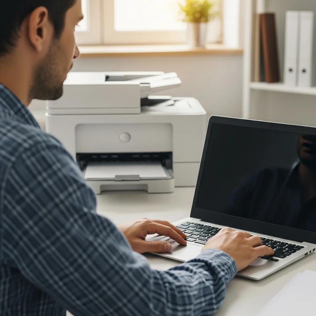 Person troubleshooting remote printer issues at a desk with a laptop and printer