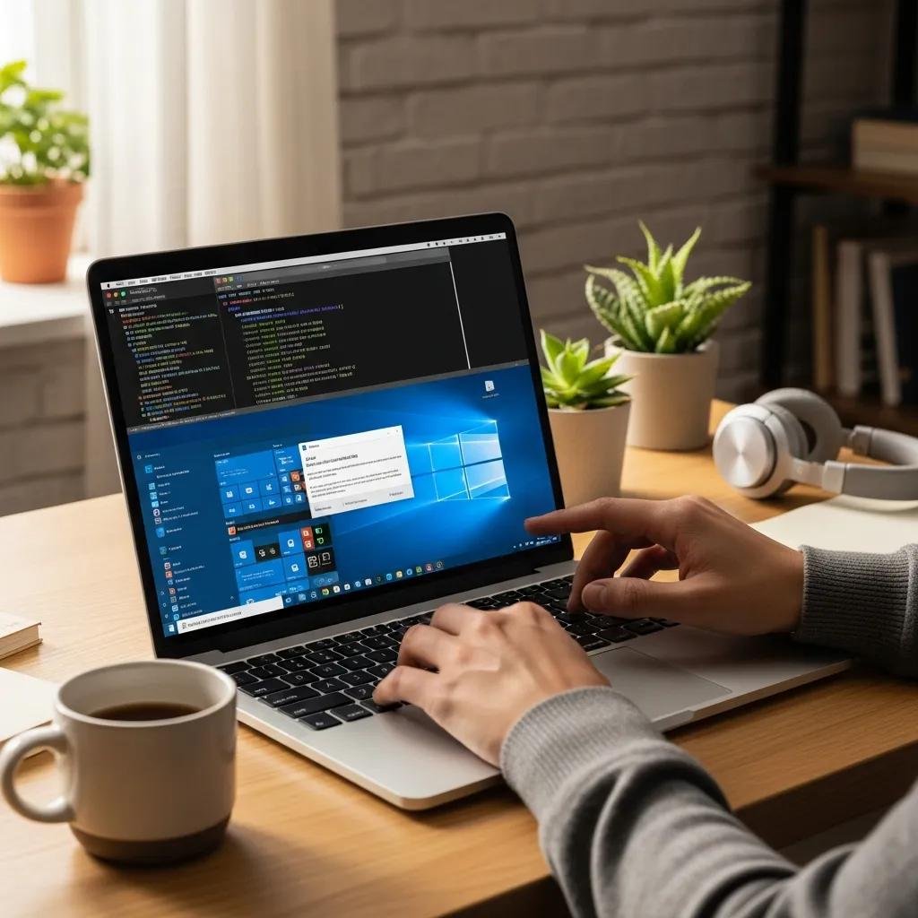 Person troubleshooting software installation on a laptop in a cozy workspace
