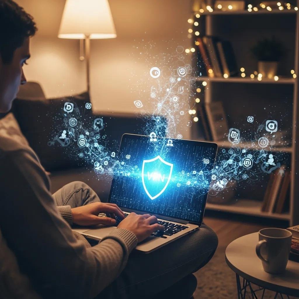 Person using a laptop at home with a visual representation of VPN security and privacy
