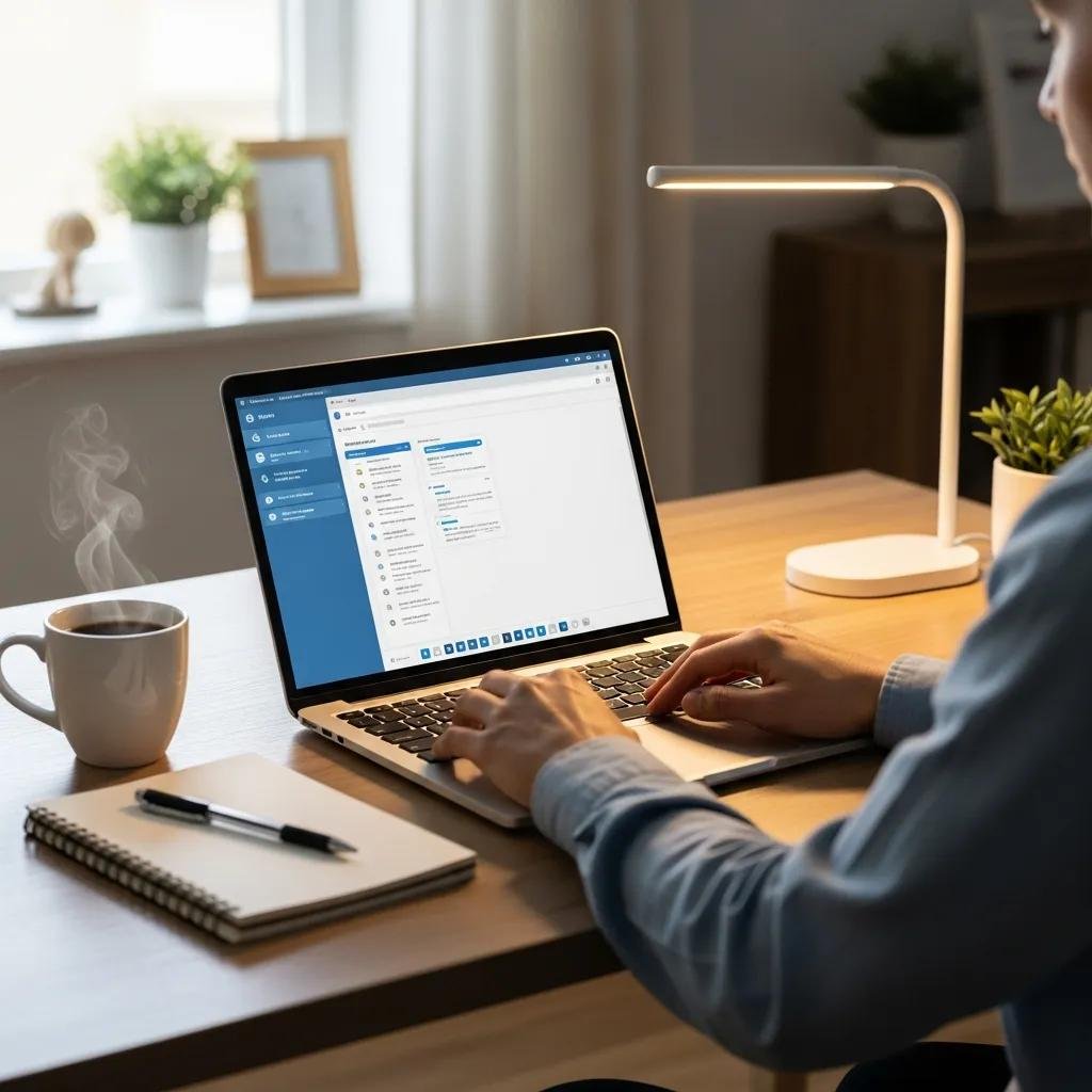 Person using a laptop for remote tech support in a modern workspace