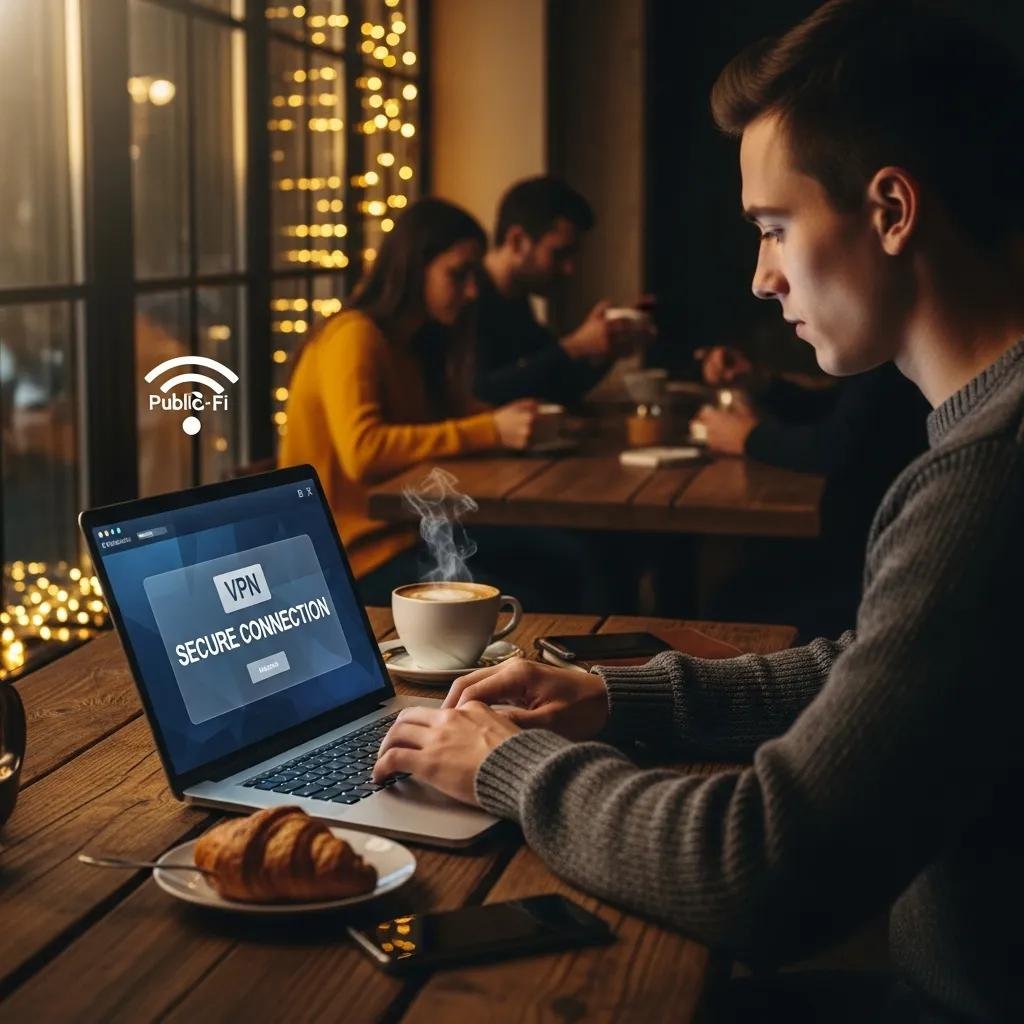 Person using a laptop in a cafe, highlighting public Wi-Fi security tips