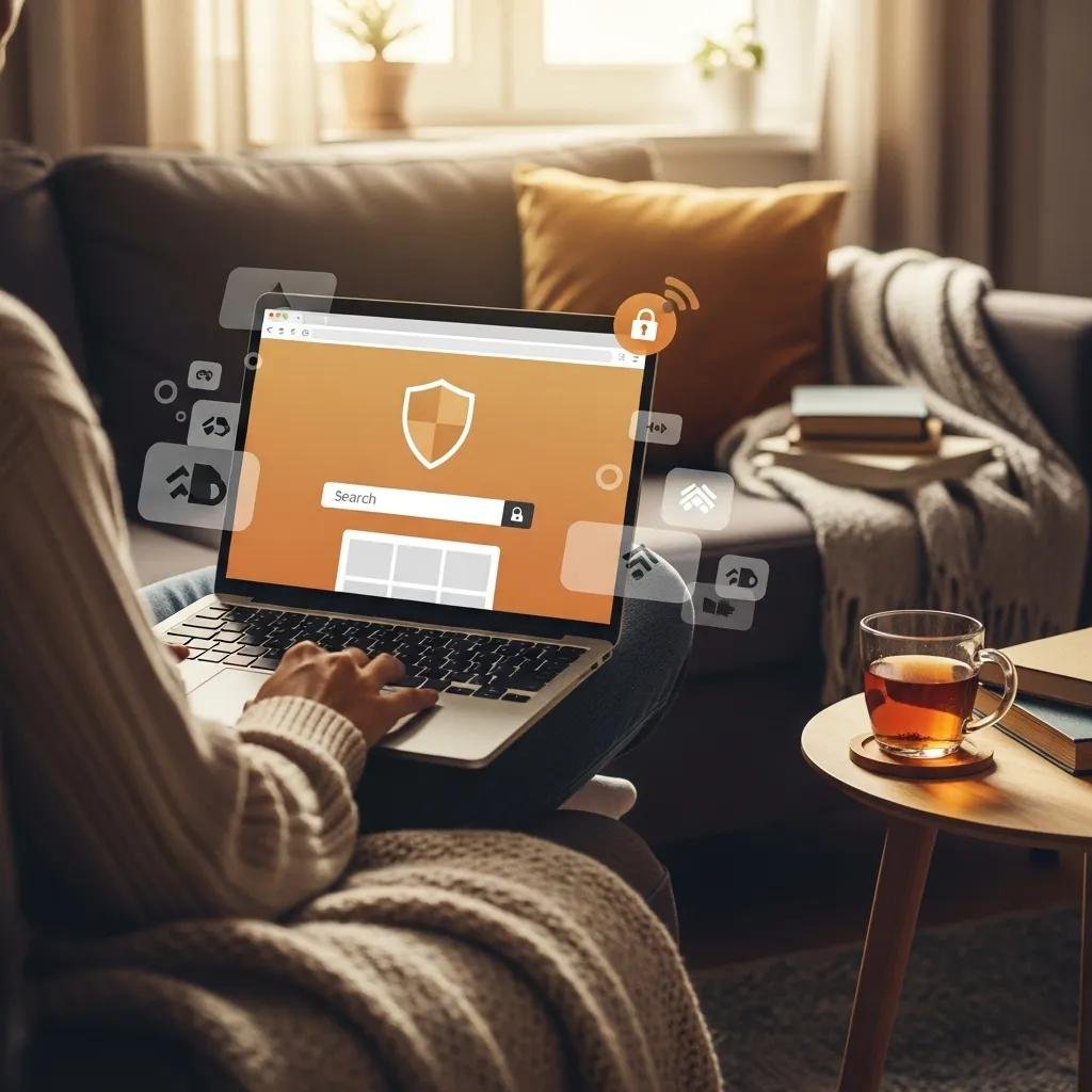 Person using a laptop in a cozy setting, surrounded by symbols of online privacy and ad blocking tools