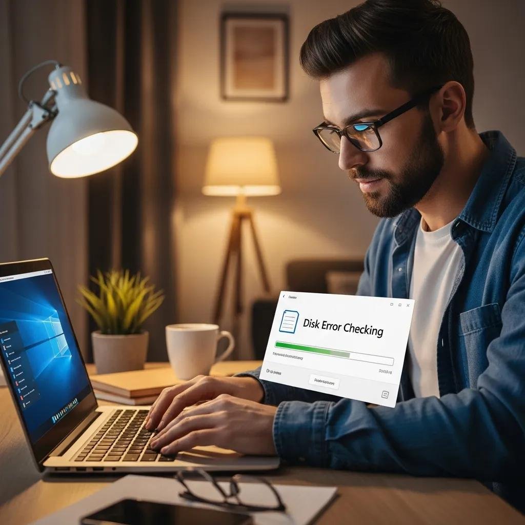 Person using a laptop to run disk error checking in a cozy home office