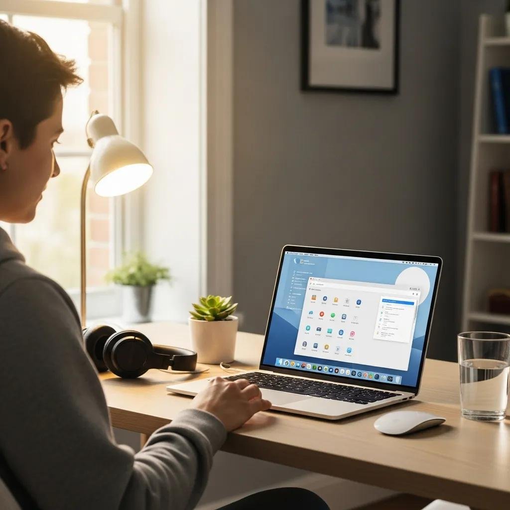 Person using a laptop to uninstall programs, emphasizing digital decluttering and productivity