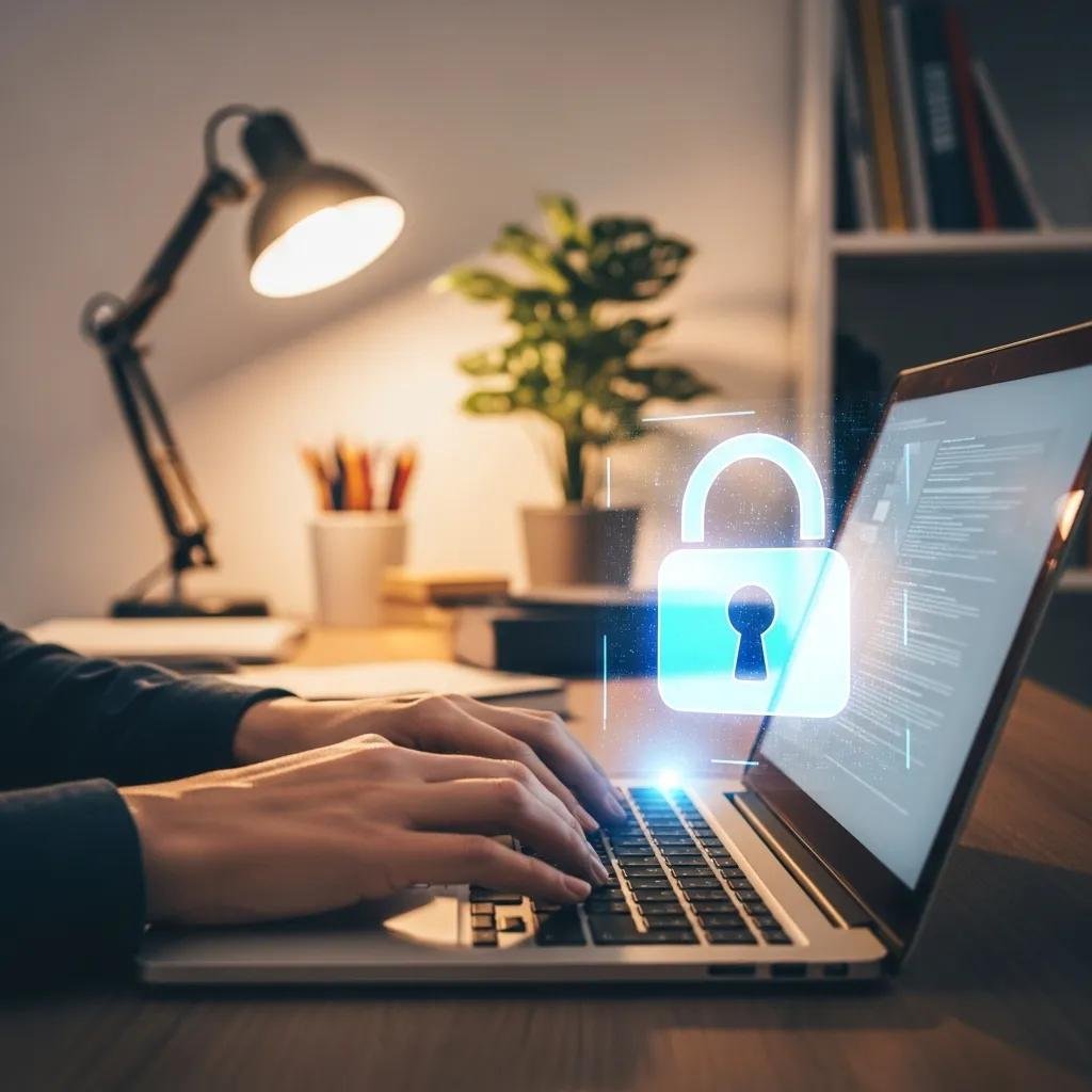 Person using a laptop with a digital lock overlay representing data encryption