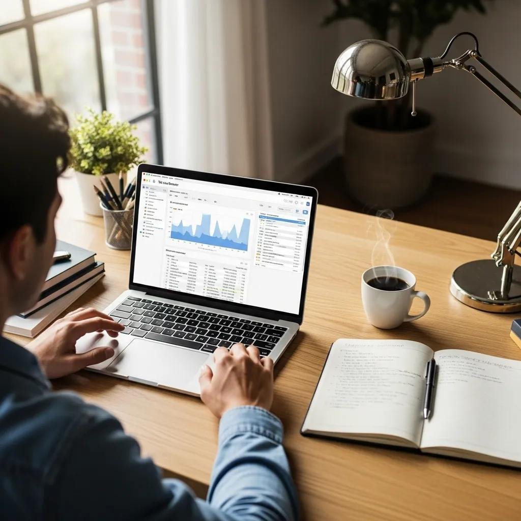 Person using a laptop with Task Manager open in a bright workspace