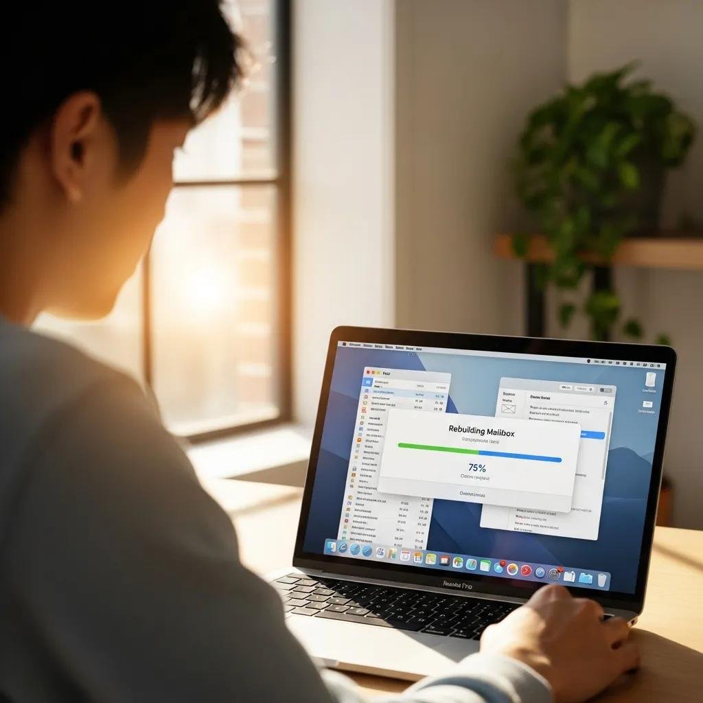 Person using a MacBook to rebuild mailbox in Mail app with natural light