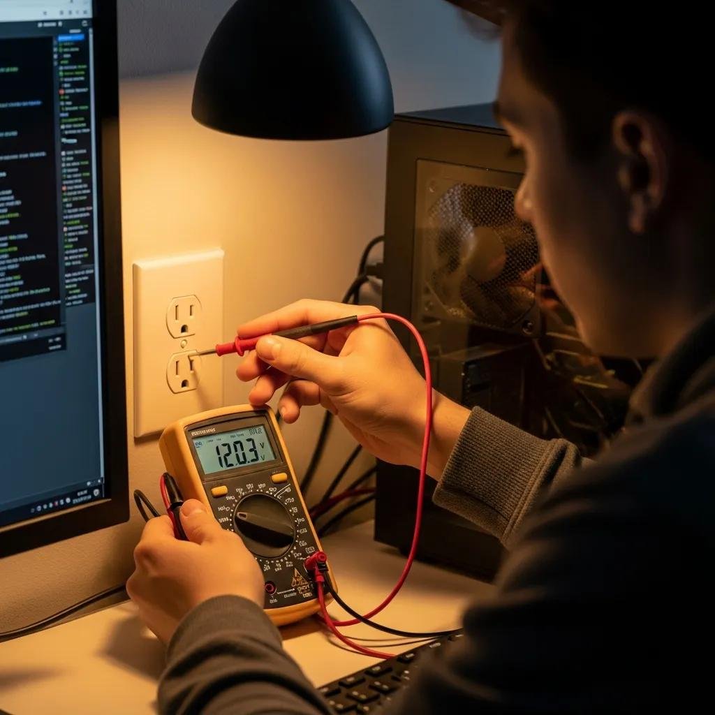 Person using a multimeter to check a wall outlet for power supply troubleshooting