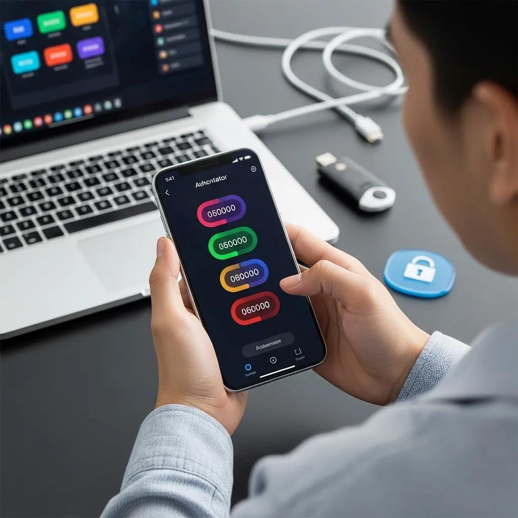 Person using a smartphone with an authenticator app in a modern workspace, illustrating multi-factor authentication