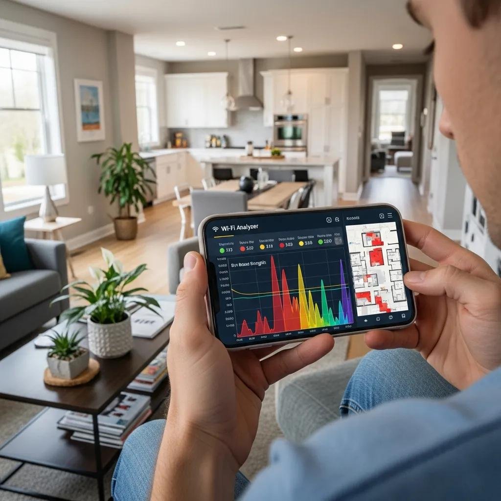 Person using a Wi-Fi analyzer app to identify dead zones in a home, highlighting the process of improving Wi-Fi coverage