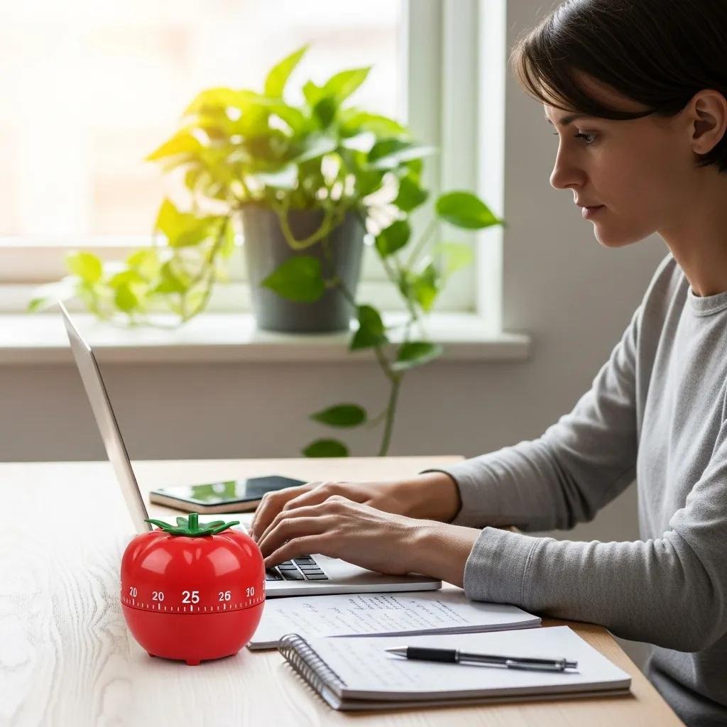 Person working at a desk with a laptop and timer, illustrating productivity and focus