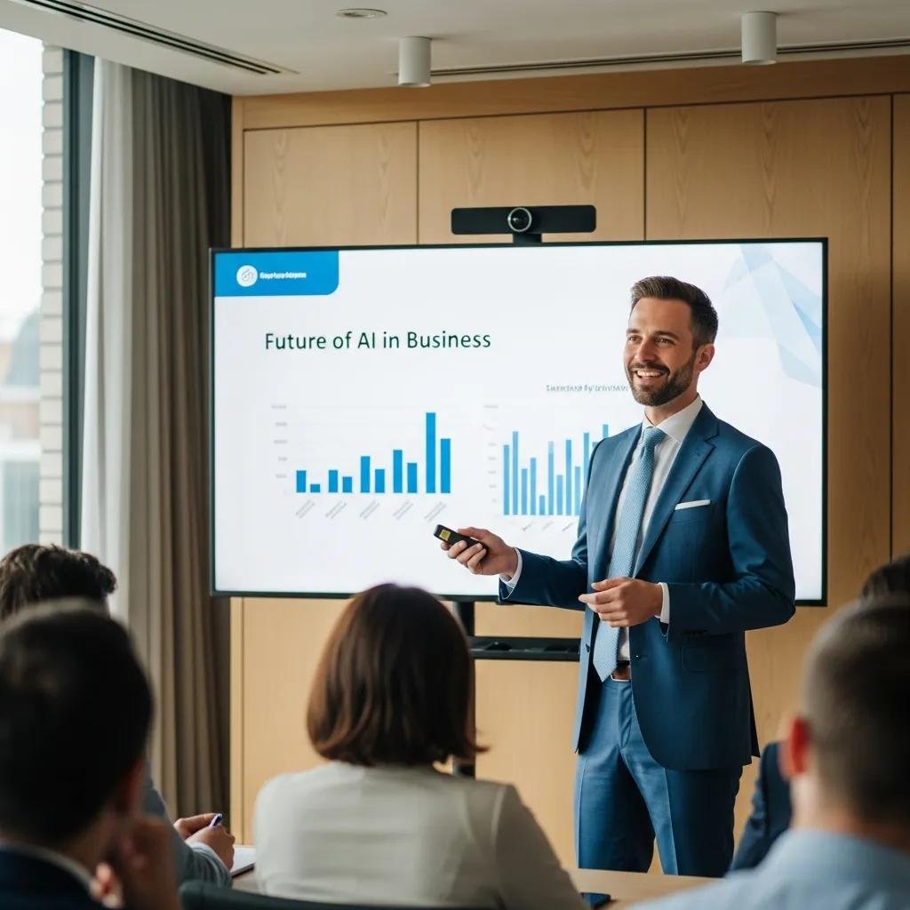 Presenter delivering a PowerPoint presentation in a conference room