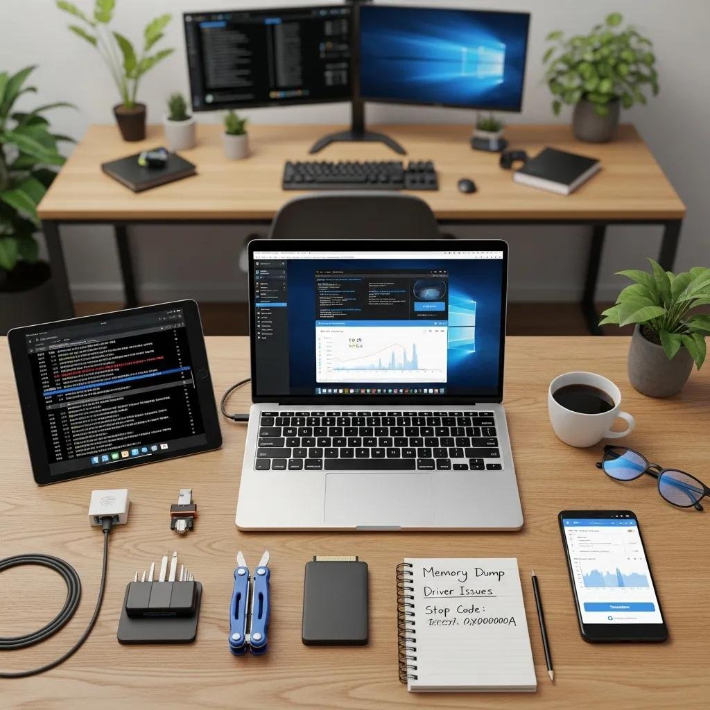 Remote diagnostic tools for BSOD analysis on a tech workspace desk