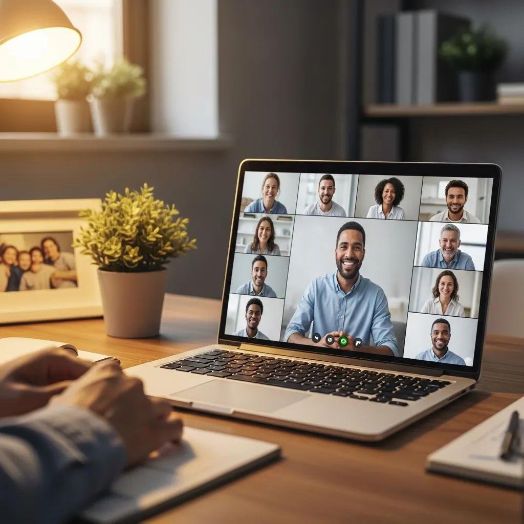 Remote team meeting via video call in a cozy home office setting
