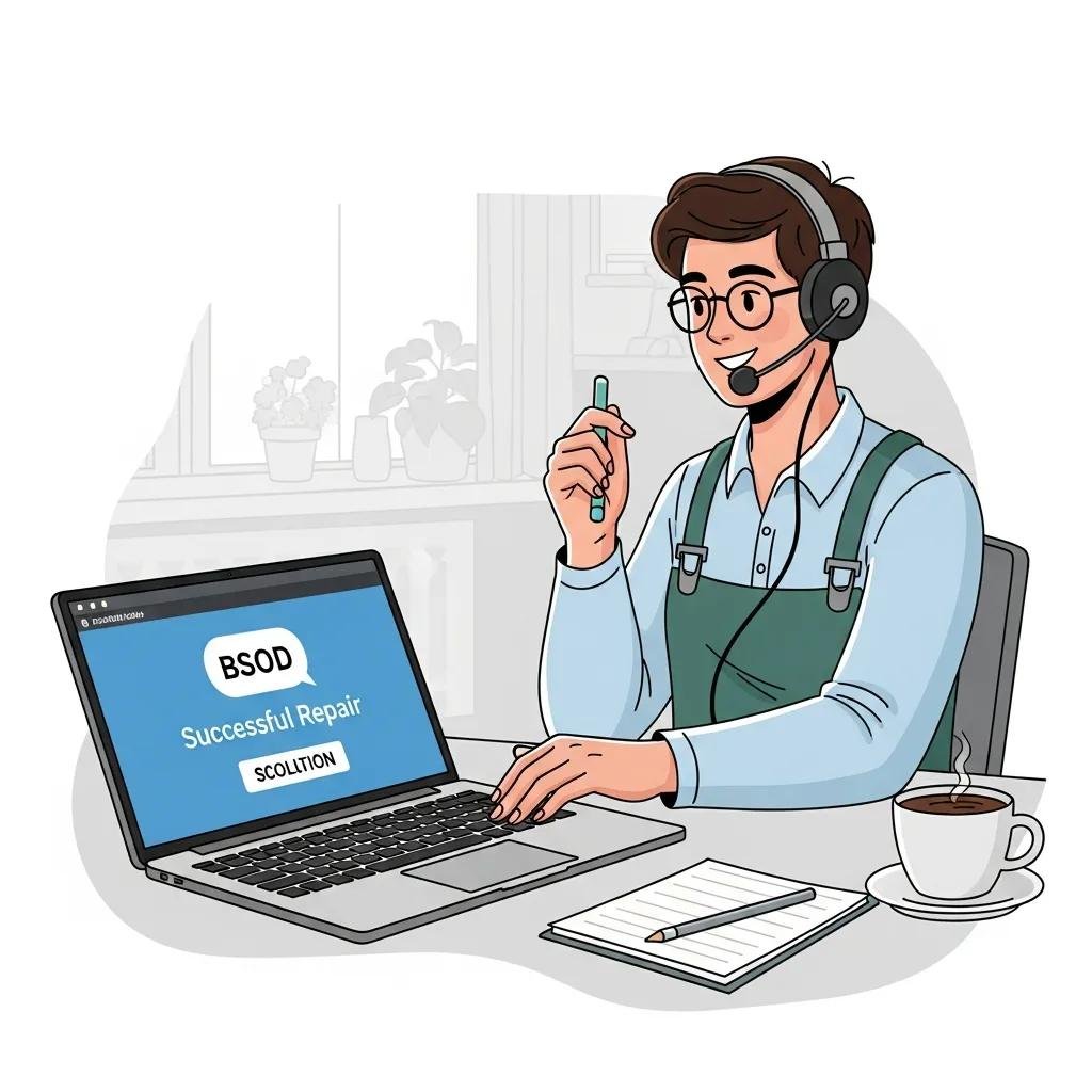 Remote technician successfully fixing BSOD error in a cozy home office