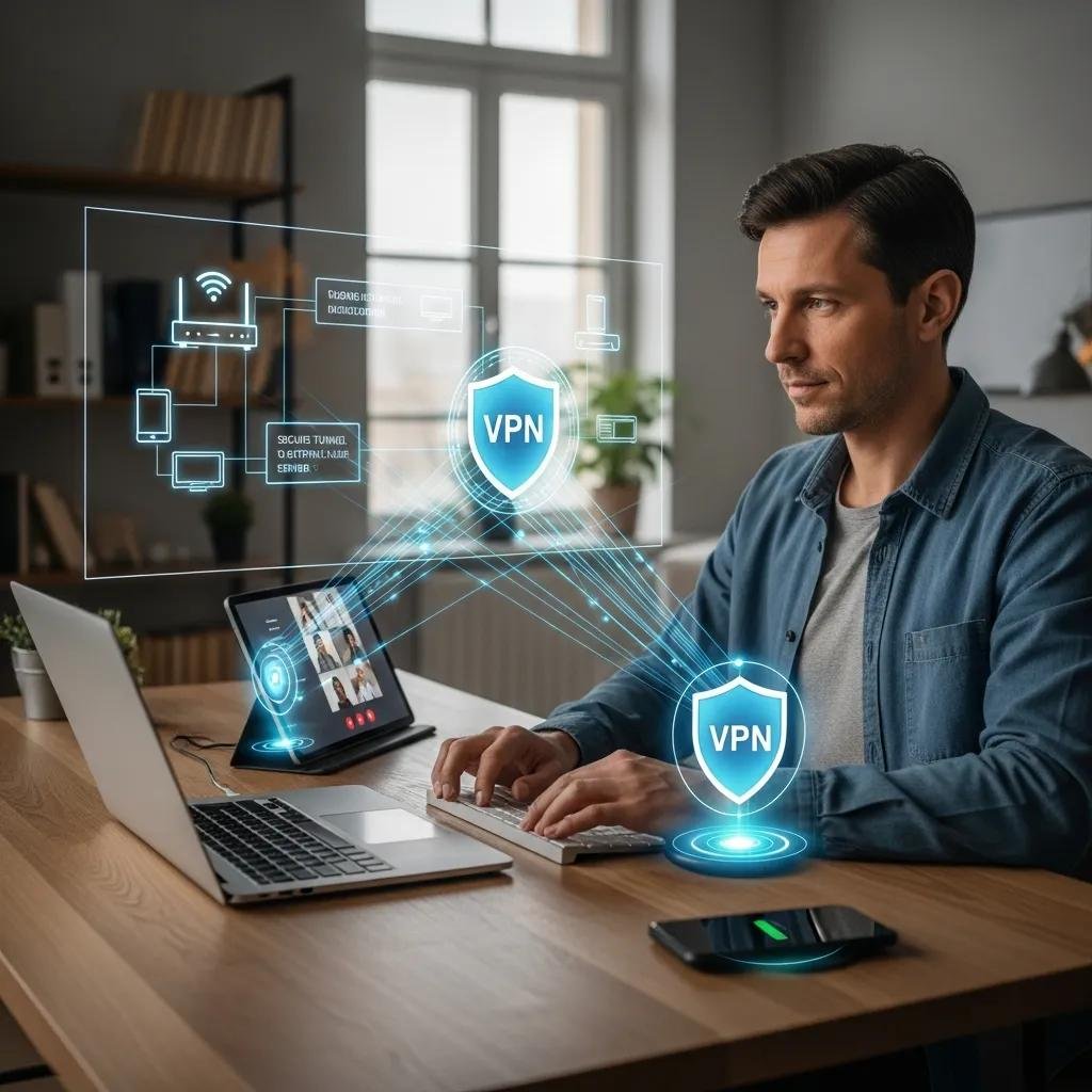 Remote worker at a desk with devices connected to a VPN, showcasing secure remote work