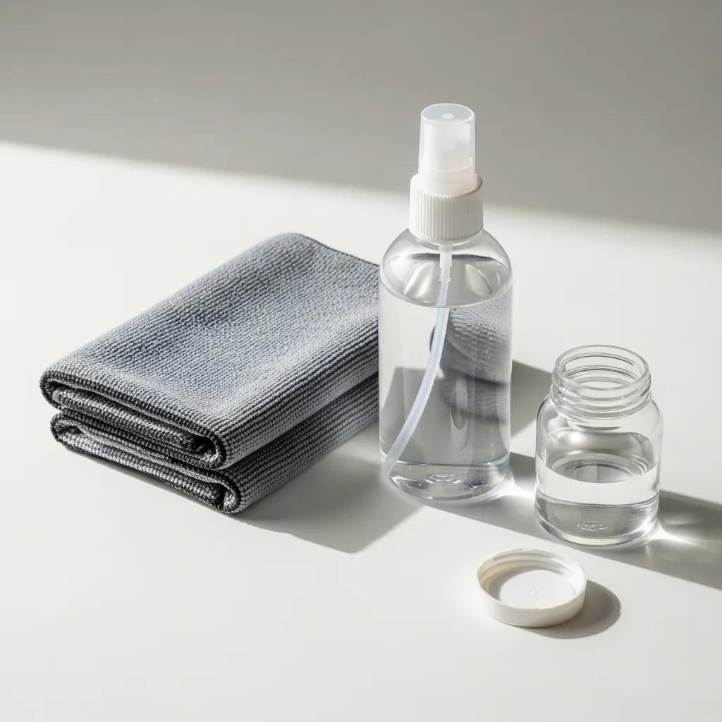 Safe screen cleaning materials including microfiber cloth, distilled water, and isopropyl alcohol