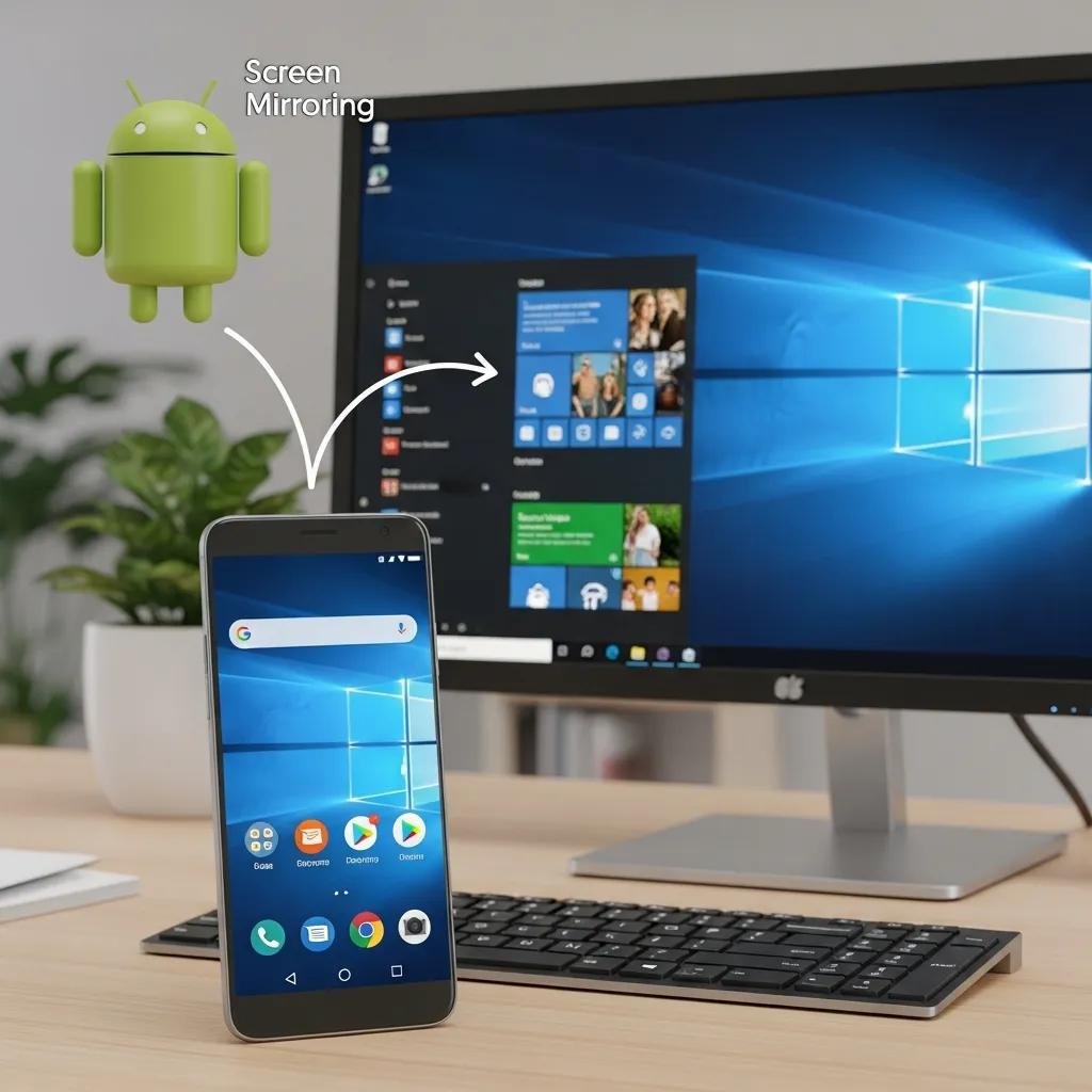 Screen mirroring process between Android phone and Windows PC, highlighting modern technology functionality