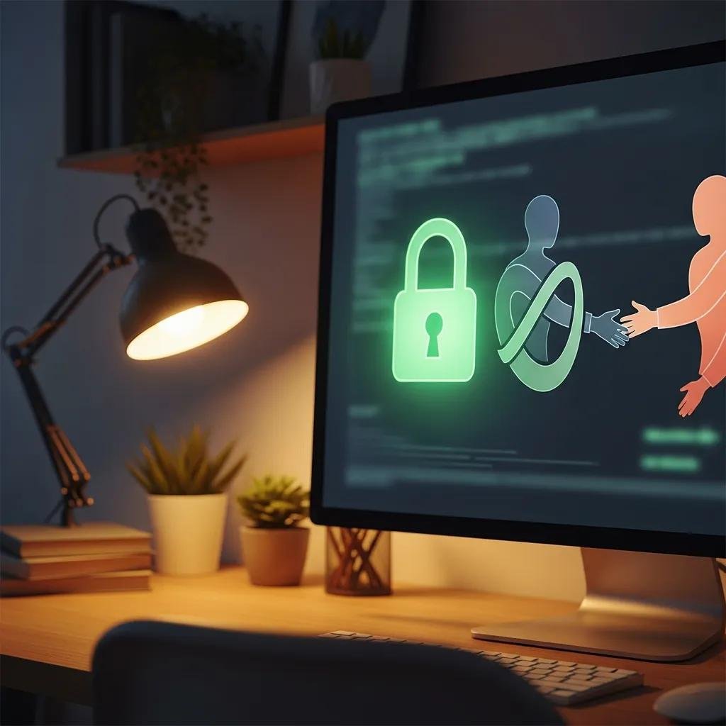 Secure remote tech support session in a home office, illustrating safety and user control in technology