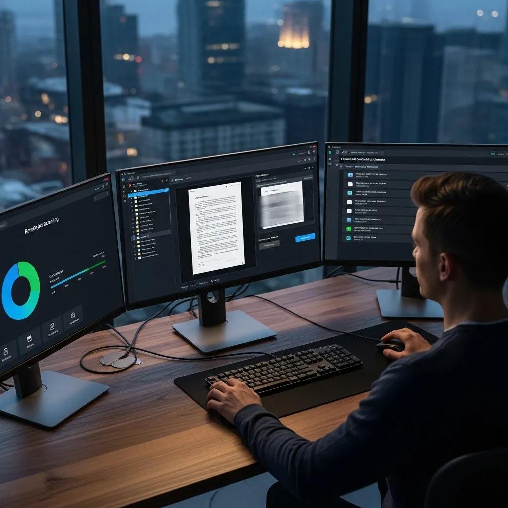 Selection of remote data recovery software interfaces displayed on multiple screens