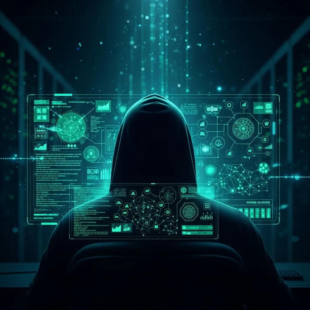 Shadowy figure exploring dark web activities on a computer