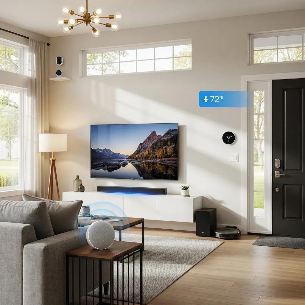 Smart home devices in a cozy living room, emphasizing security and connectivity