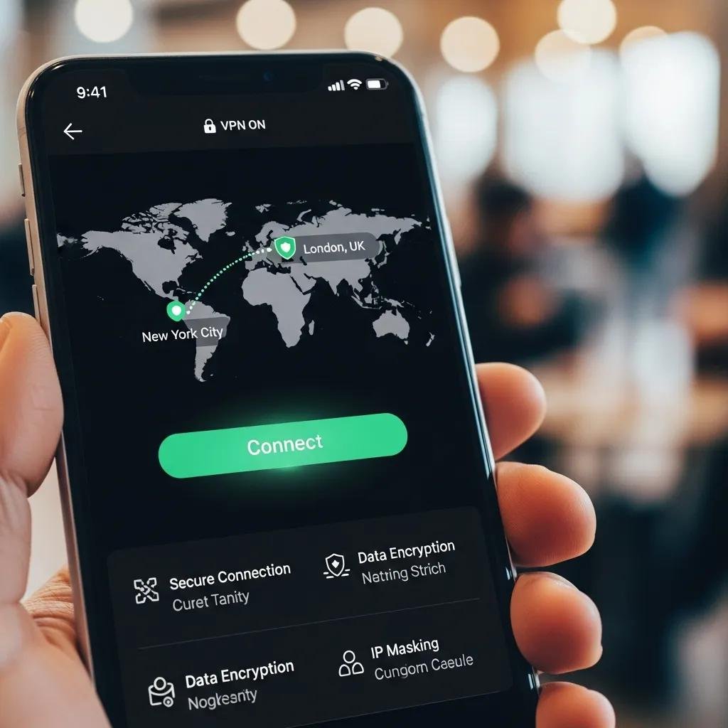 Smartphone displaying a VPN app, emphasizing data protection on public Wi-Fi