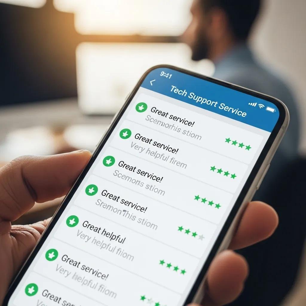 Smartphone displaying customer reviews for remote tech support services