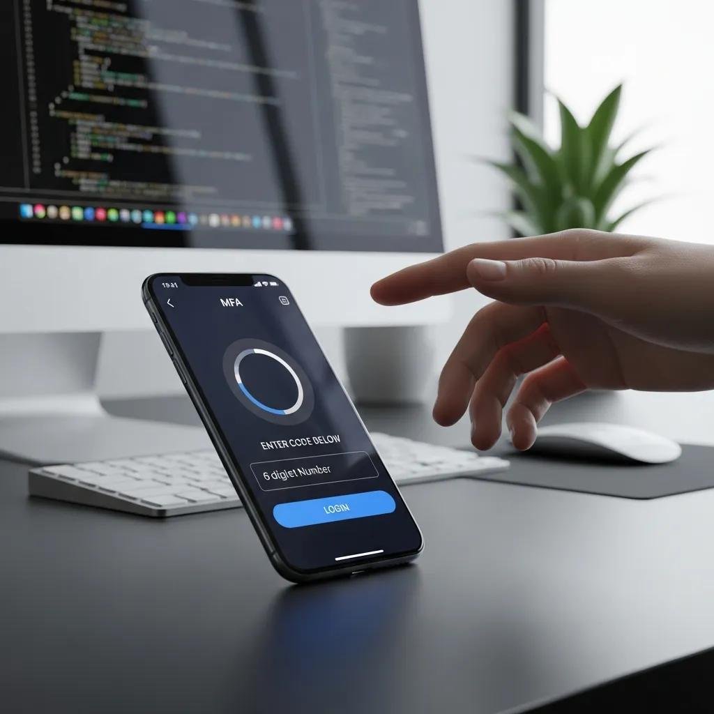 Smartphone displaying multi-factor authentication app in a modern workspace