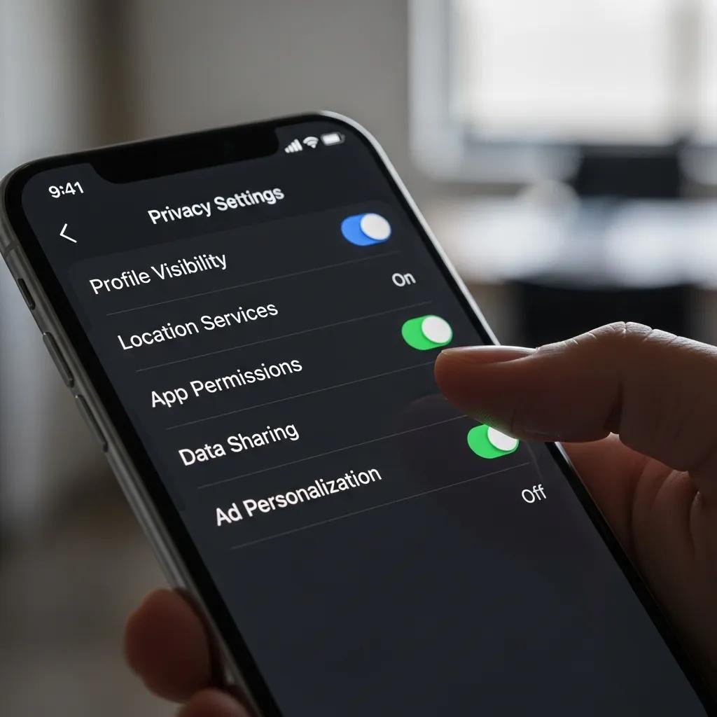 Smartphone displaying social media privacy settings with toggles for visibility