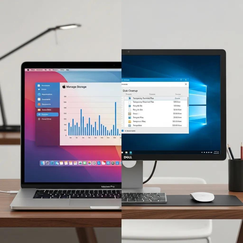 Split-screen of Mac and Windows disk cleanup tools in a modern workspace
