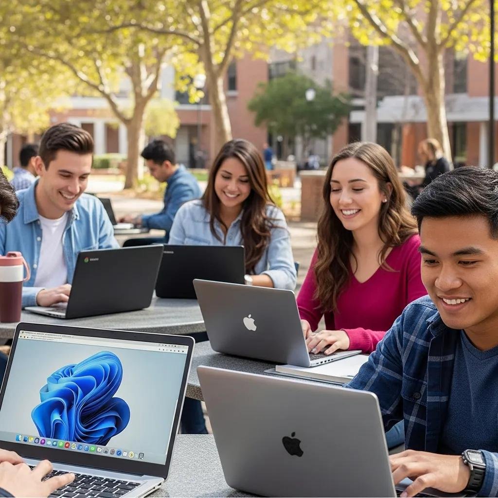 Students using different laptops in a university setting, highlighting the best laptops for students in 2025