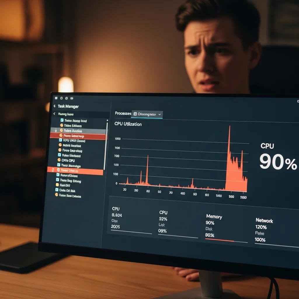 Task Manager interface showing high CPU usage metrics