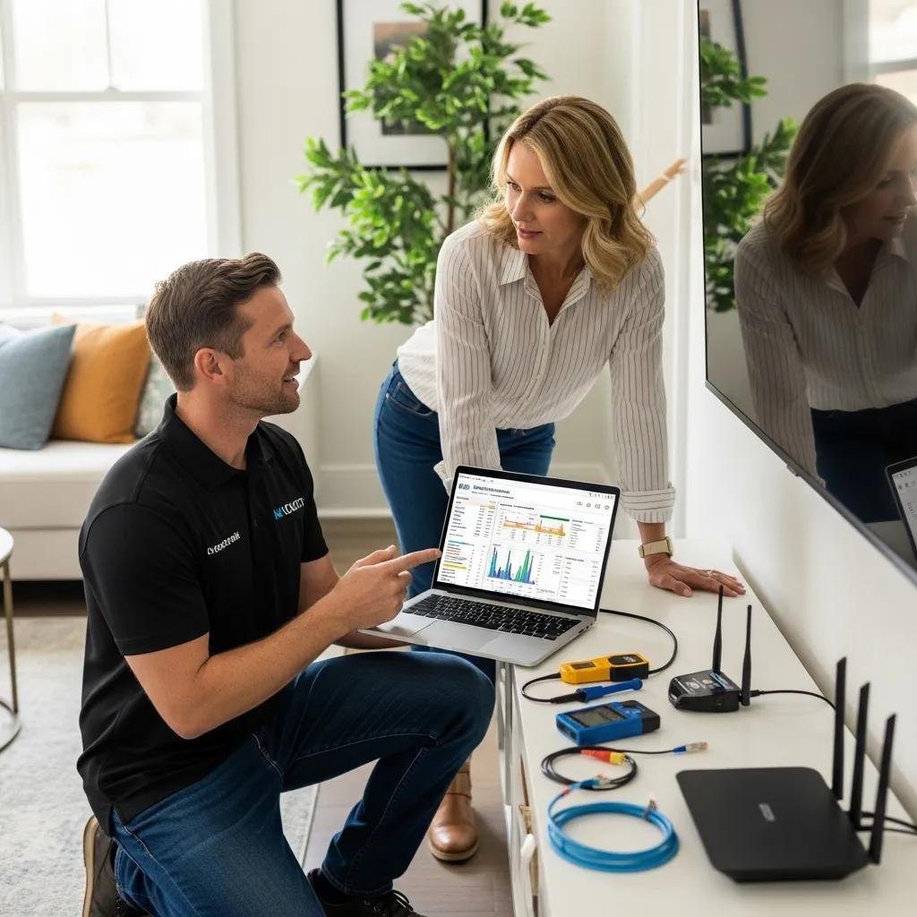 Technician assisting a homeowner with router placement and network optimization, representing the benefits of professional help
