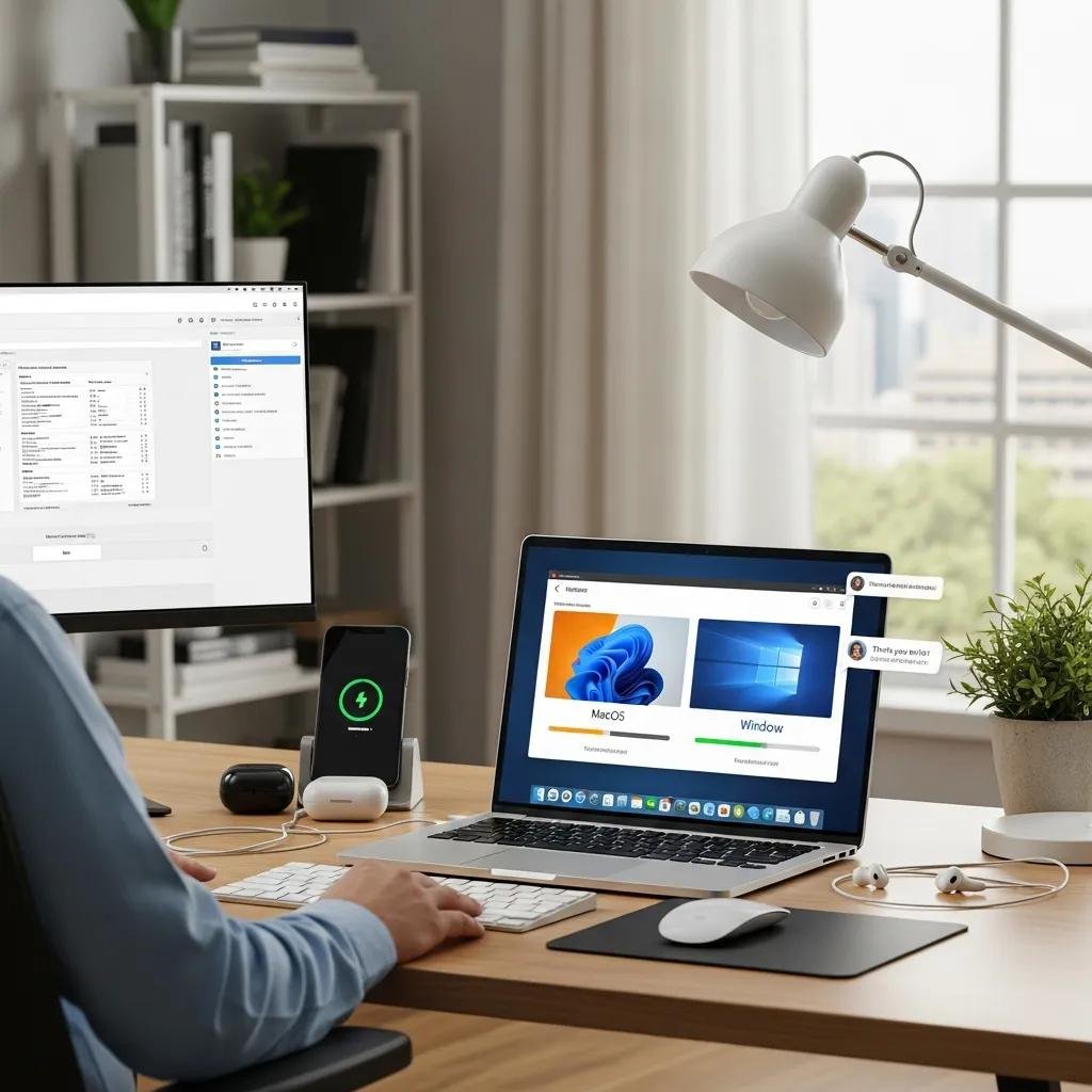Technician assisting with remote OS reinstallation for Mac and Windows devices in a modern workspace