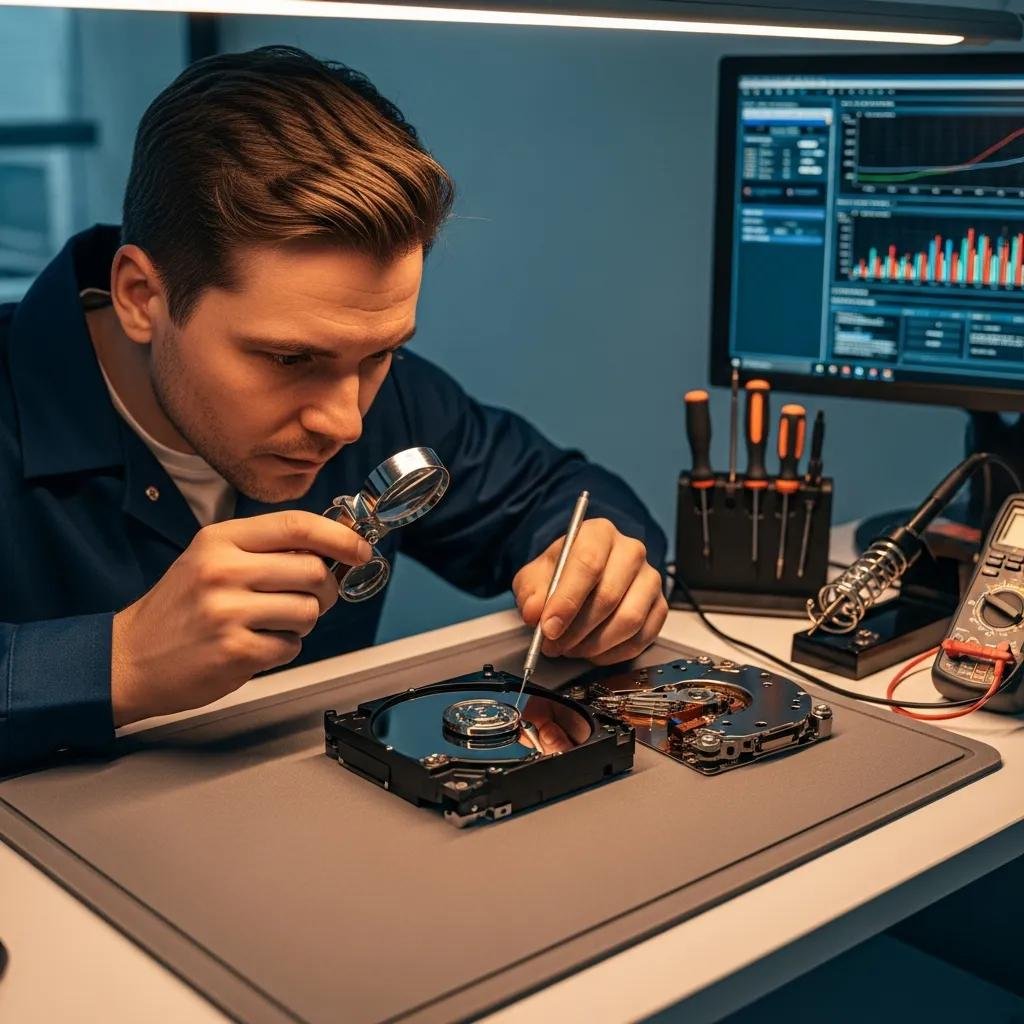 Technician examining a hard drive with diagnostic tools in a professional workspace