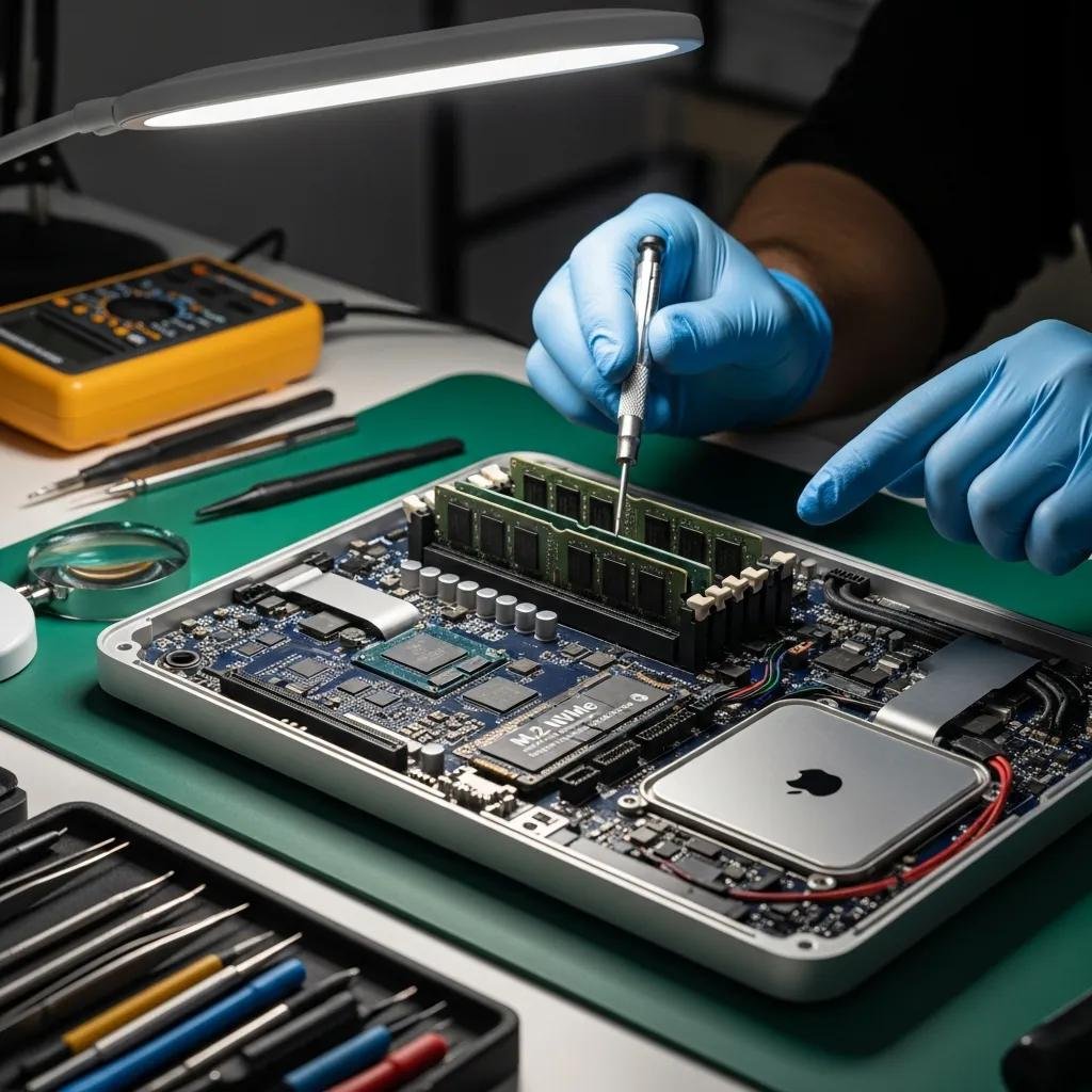 Technician examining internal components of a Mac computer, focusing on RAM and SSD