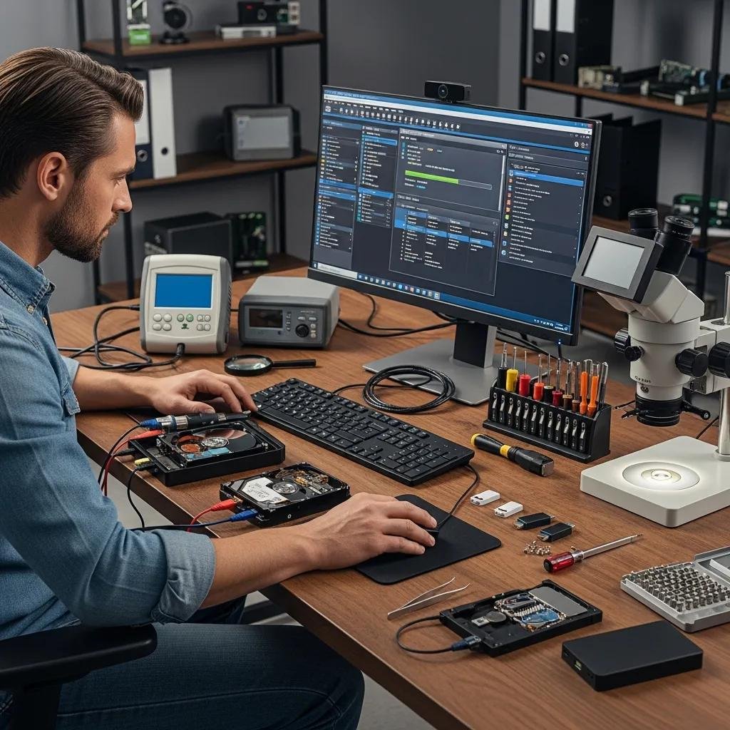 Technician performing data recovery on an external hard drive
