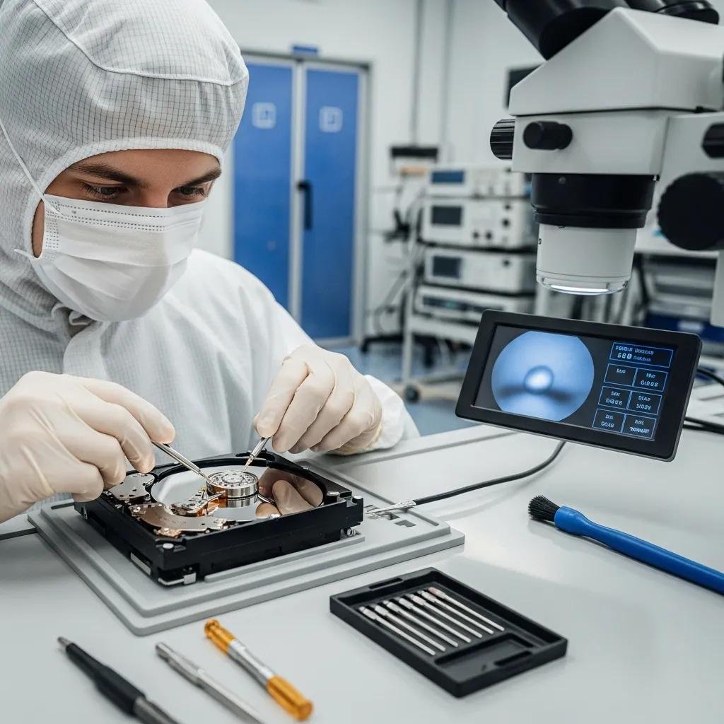 Technician performing professional data recovery in a cleanroom environment