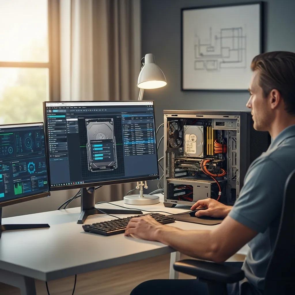 Technician performing remote hard drive data recovery with secure software